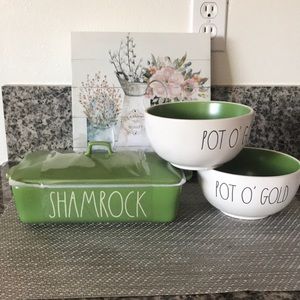 Rae Dunn shamrock baking dish and bowls